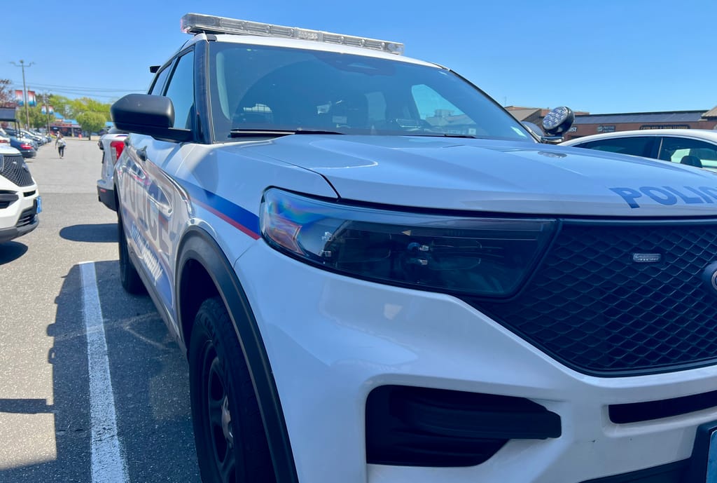 WOman arrested for harassing family of cop who arrested her months ago. Photo of SUffolk Police car.