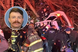 Officer in inset photo. Crash scene in background photo.