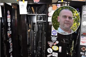 Inset photo of Daniel Probeck overlaying an image police supplied of his allegedly weapon-filled garage.