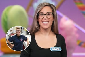 Katie McCann, a food service worker at St. James Elementary School, smiles as she appears on Wheel of Fortune.