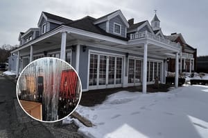 The exterior of the former McDonald's building on East Main Street in Port Jefferson, now being renovated into a new bait and tackle shop by Justin Braun and Conor O'Keefe.