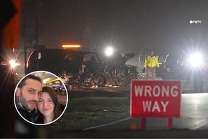 The aftermath of the six-car wreck on the Southern State Parkway that killed an elderly couple and seriously injured multiple other motorists.
