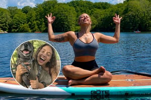 Victoria Castle in yoga pose and with dog.