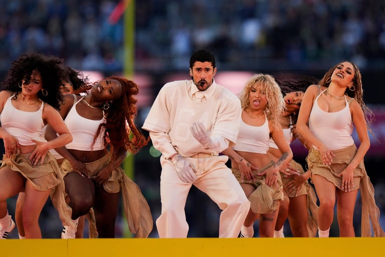 Bab Bunny lookalike contest at Stereo garden in Patchogue this Saturday -- photo ofBad Bunny performing at the Super Bowl.