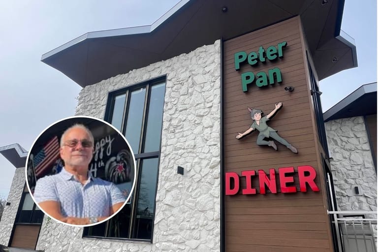 Exterior of Peter Pan Diner Bay Shore with new signage featuring Peter Lentzeres’ grandson George.