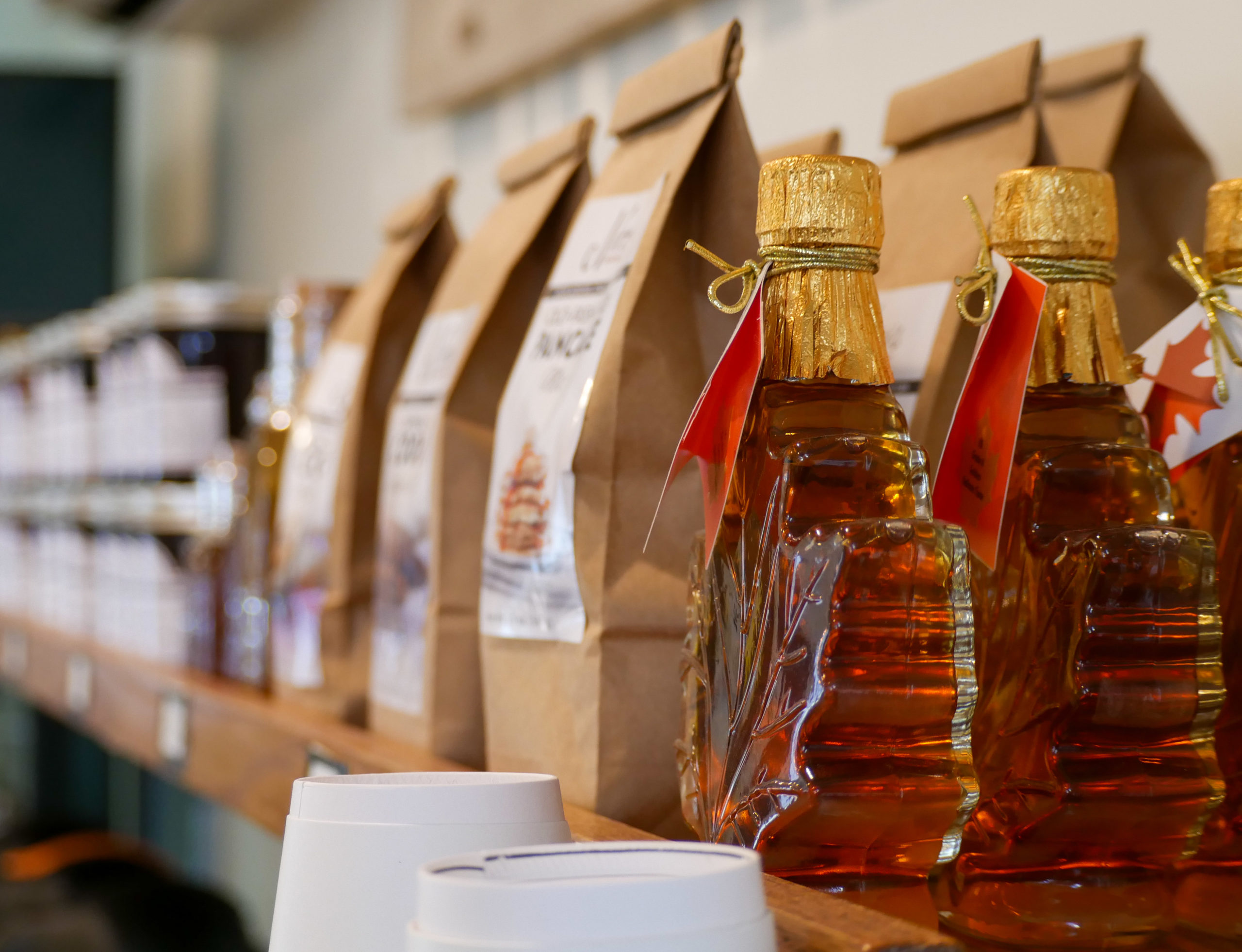 Syrups and pancake mix on display