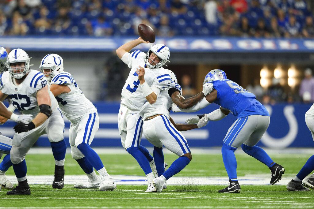 Indianapolis Colts quarterback Jack Coan looks to the sideline during the  second half of a preseason NFL football game against the Buffalo Bills in  Orchard Park, N.Y., Saturday, Aug. 13, 2022. (AP