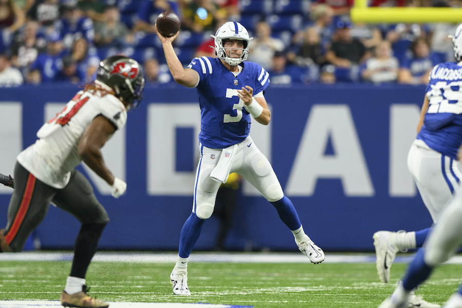 Indianapolis Colts quarterback Jack Coan looks to pass during the second  half of a preseason NFL football game against the Buffalo Bills in Orchard  Park, N.Y., Saturday, Aug. 13, 2022. (AP Photo/Adrian